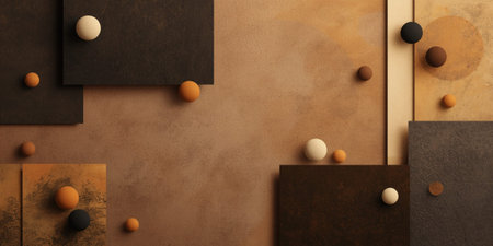 3d rendering of abstract geometric shapes on brown background with copy spaceの写真素材
