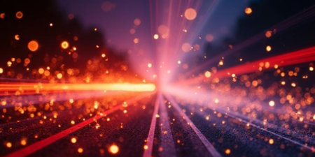 abstract scene of road with neon lights and rays 3d renderingの写真素材