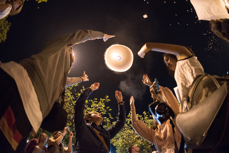 People floating lamp on new year celebration at Thapae Gate Chiangmai, Dec 31,2016 (with Noise)のeditorial素材