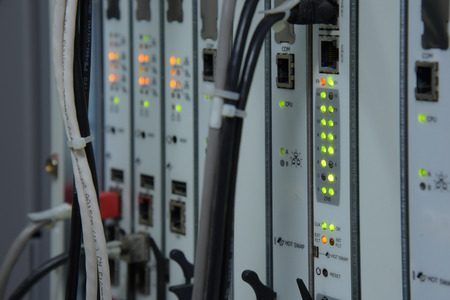 LED status of Network connection and internet communication hardware, data center telecommunication...