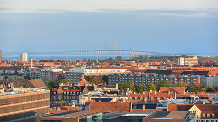 Cityscape of Copenhagen city and Oresund Bridge , Denmarkのeditorial素材