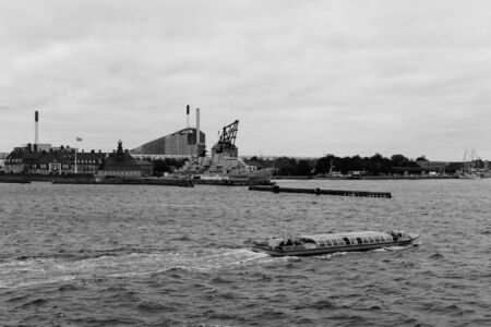 COPENHAGEN, DENMARK - OCTOBER 6: Frigate "Peder Skram" - this warship was commissioned May 25,1966 and decommissioned July 5,1990 in Copenhagen, Denmark. October 6, 2016 - black and white  image.のeditorial素材