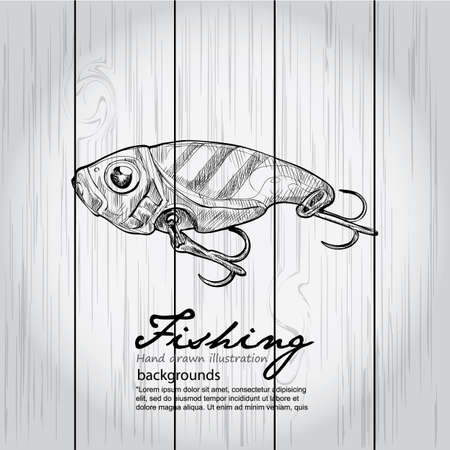 Vintage image of Fishing on wood board. Vector drawing illustrationのイラスト素材