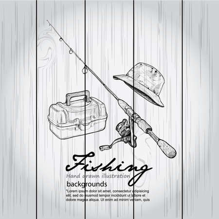 Vintage image of Fishing on wood board. Vector drawing illustrationのイラスト素材