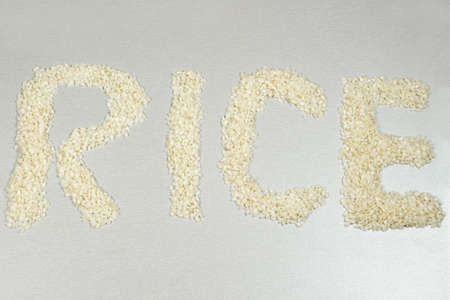 The word "rice" written with rice grainsの写真素材