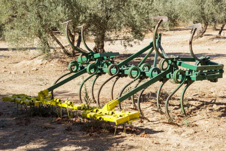 A plow parked in an olive groveの写真素材