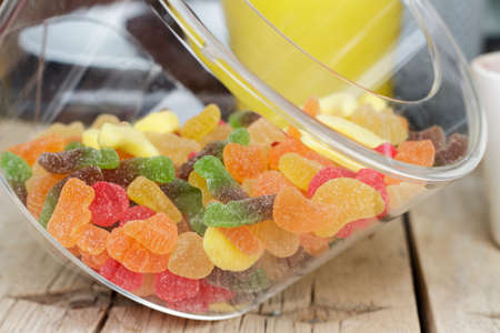 Close-up of bowl with colorful gumdrops of several kinds