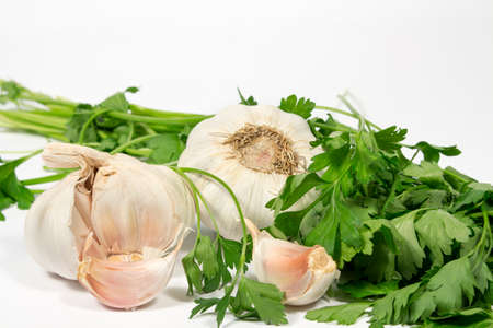 Garlic and parsley, on white backgroundの写真素材