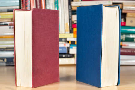 Two books with red and blue covers in front of other books