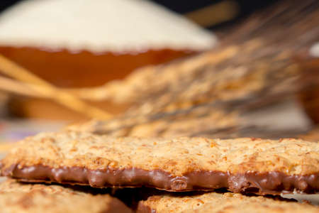 Detail of biscuits with chocolate, in front of wheat spikes and pottery bowl with flour....