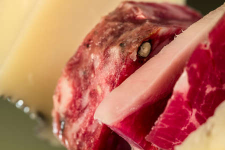 Piece of Iberian salchichón beside other slices of Manchego Curado cheese and Iberian ham