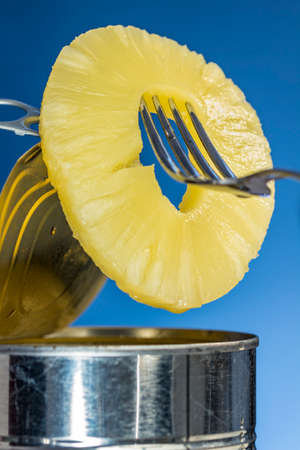 Taking slice of pineapple from tin can with a fork, on blue backgroundの写真素材