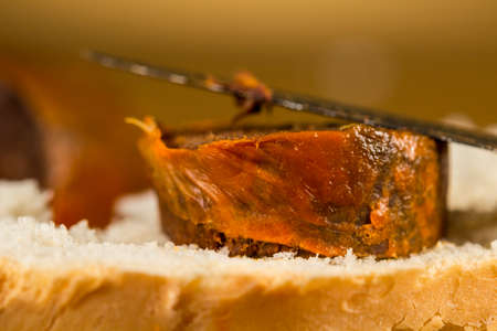 Slice of traditional homemade blood sausage over a piece of white breadの写真素材