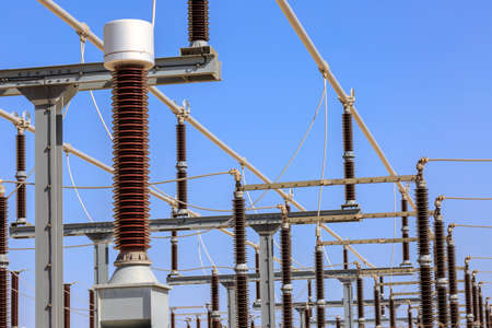Disconnect switches and high voltage transformers in the electrical substation of a wind farmの写真素材