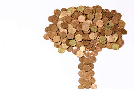 Money tree. Shape of a tree made of eurocent coins of different values, on white. Blank space at leftの写真素材