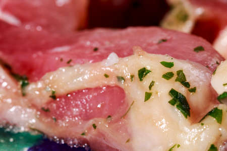 Close-up of fatty of turkey meat marinated with parsley and garlic の写真素材