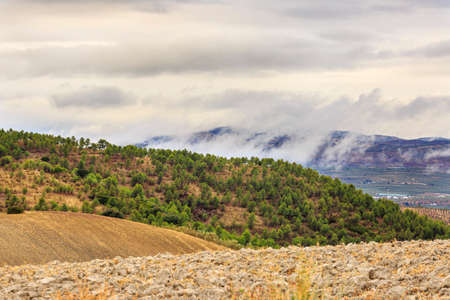 Mountainous landscape of plowed lands and pinewoods, with low clouds on a rainy day, in front of an agricultural valley full of farmlandsの写真素材