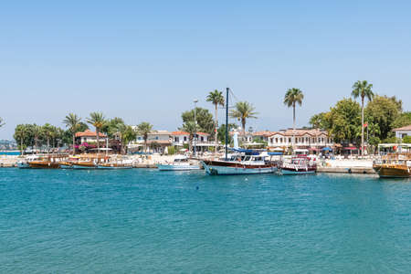 Port with sightseeing boats, beautiful scenery, Resort town Side in Turkeyの写真素材