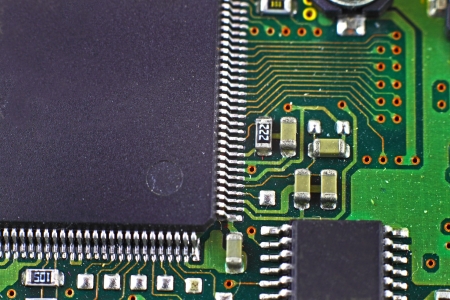 Digital hardware closeup. Processor on the circuit board macro
