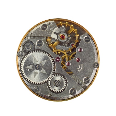 Clockwork details, pinions and wheels macro closeup isolated on white