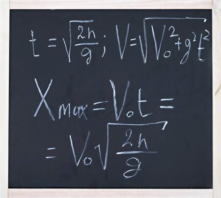 Physical formulas of motion drawn in chalk on blackboardの写真素材