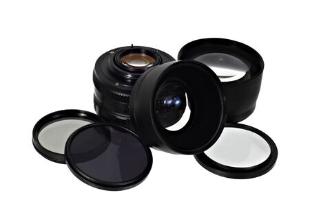 Photo lens and filters in pile isolated on white backgroundの写真素材