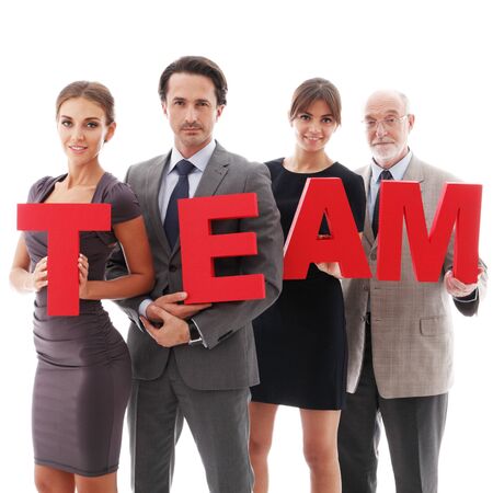 Business team with team letters isolated on white backgroundの写真素材