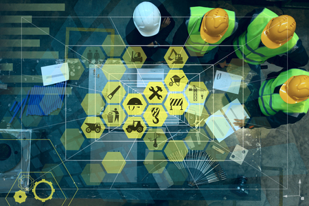 Abstract industry concept. Workers at factory and conceptual graphic design with manufacturing icons