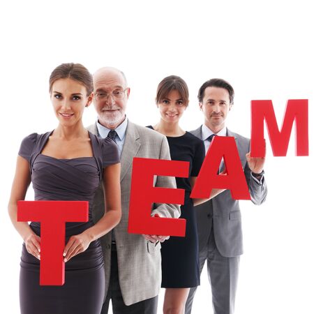 Business team with team letters isolated on white backgroundの写真素材