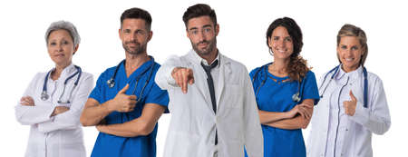 Healthcare and medical concept - group of doctors isolated on white background, man pointing to youの写真素材