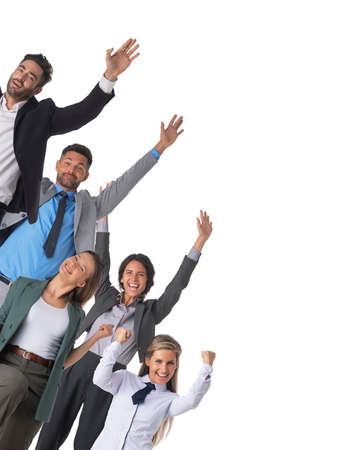 Successful excited business people group team, young businesspeople standing together smile hold...