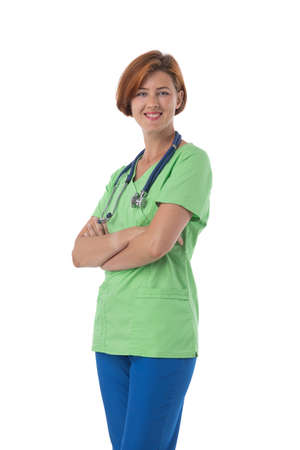 Female nurse in blue and green uniform with stethoscope and document folder isolated on white backgroundの写真素材