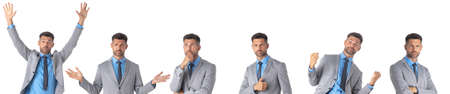Set collection of portraits of one handsome business man showing different emotions isolated on...