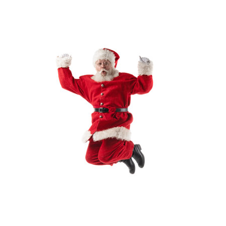 Santa Claus jumping, full length portrait isolated on white backgroundの写真素材