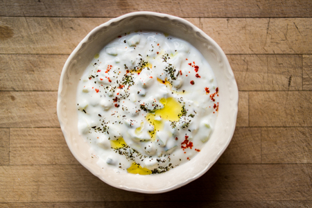 Tzatziki fresh yogurt with olive oilの写真素材