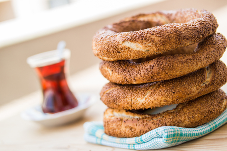 Simit with tea / Turkish Bagel.の写真素材