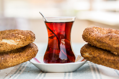 Simit with tea / Turkish Bagel.の写真素材