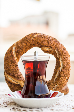 Turkish Bagel Simit with tea / cayの写真素材