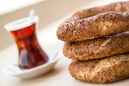 Turkish Bagel Simit with tea / cayの写真素材