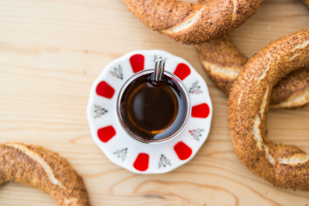 Turkish Bagel Simit with tea / cayの写真素材