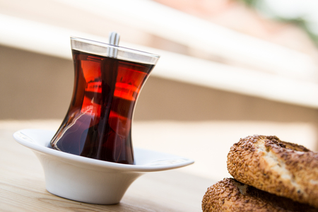 Turkish Bagel Simit with teaの写真素材