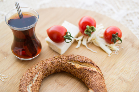 Turkish Bagel Simit with tea.の写真素材