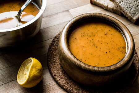 Turkish Lepe Soup in a wooden bowl. Traditional Food.の写真素材