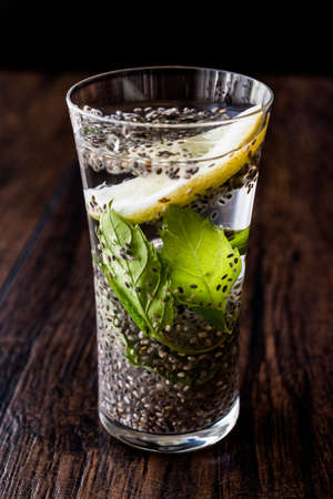 Detox Water with Chia Seeds, mint leaves and lemon. Organic Beverage Concept.の写真素材