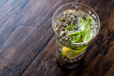 Detox Water with Chia Seeds, mint leaves and lemon. Organic Beverage Concept.の写真素材