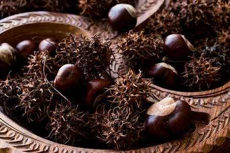 Horse Chestnuts in wooden basket. Organic Food.