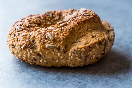 Healthy Organic Whole Grain Bagels with Chia Seeds and Sesame. Bakery Concept.