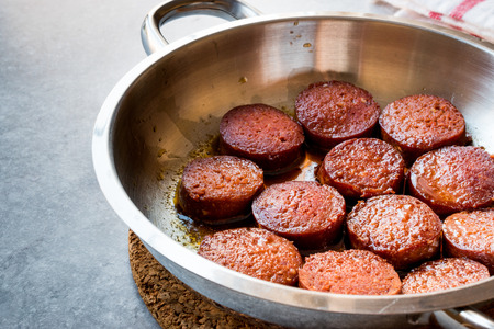 Turkish Sausage Sucuk in Frying Pan. Fast Food.の写真素材