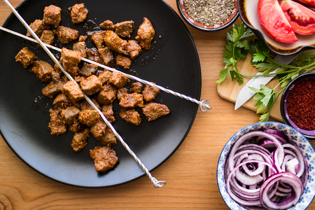 Arnavut Cigeri / Albanian liver on a wooden surface.の写真素材