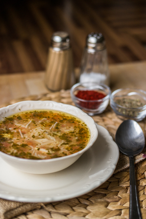 Traditional turkish chicken broth soupの写真素材